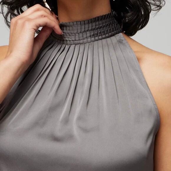 WHBM Satin Pleated Halter Shell Top in Smocked Pearl Gray Sz 8P Mock Neck Blouse - Picture 1 of 15